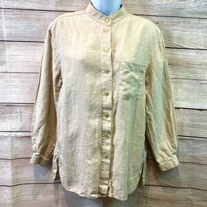 Vtg Talbots Womens Shirt Beige Irish Linen Button Down Mandarin Collar Sz 10P